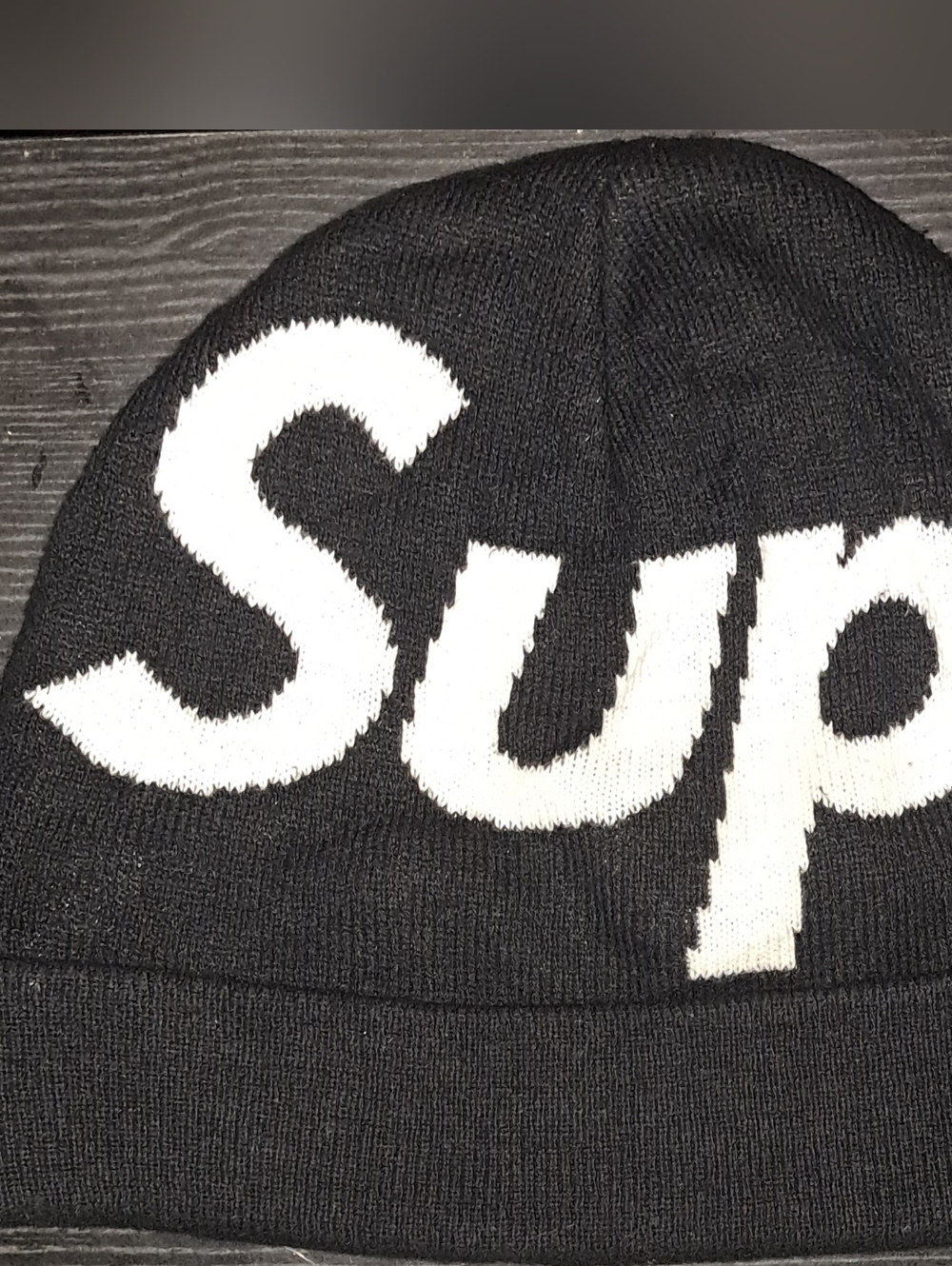 Supreme Black and White Knit Beanie with Logo Tag